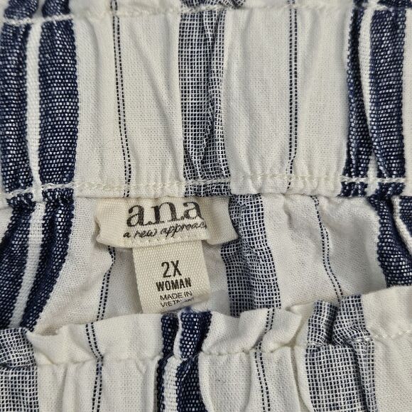 ANA Womens 2X White Blue Striped Linen Blend Wide Leg Crop Pants Belt Pull On - Picture 8 of 13